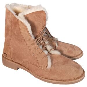 UGG Quincy Boots 1Ankle Womens 10 Suede Lace Up Chestnut 1012359 Sheepskin Lined